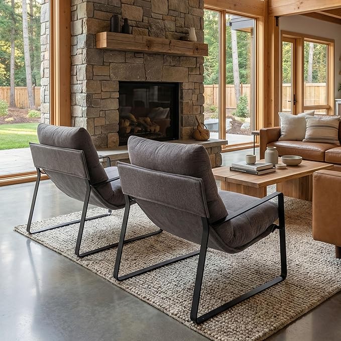LukeAlon Modern Linen Accent Armchairs Set of 2, Upholstered Living Room Chairs with Metal Base Thickened Cushion Single Sofa Chairs Comfy Lounge Chairs for Bedroom Living Room, Grey