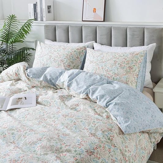 HoneiLife Wildflower Duvet Cover King - 100% Cotton Comforter Cover Sets, 3-PC Floral Botanical Bedlinen Set, Botanical Duvet Cover with Zipper Closure & Corner Ties
