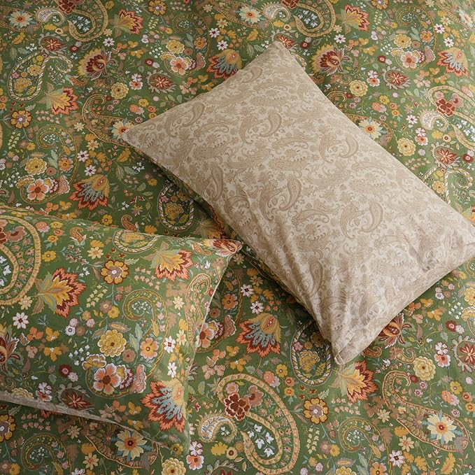 Cozeline 100% Cotton Duvet Cover Queen Size, Green Paisley Pattern Bedding Set with Zipper Closure, 3 Pcs Bohemian Breathable and Soft Duvet Cover for All Season