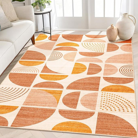 MUJOO Boho Rug Washable,4x6.5 Area Rugs for Bedroom Living Room Bedside Office,Throw Floor Carpet Non Slip Soft Indoor Modern Abstract Bohemian Orange