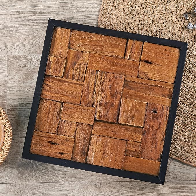 Warmaxx Rustic Teak Wood Framed Wall Decor 17''x17 Farmhouse Wall Art Aesthetic Christmas Decoration Home Living Room Bedroom Office Handmade Square Wooden Geometric Block Slatted Collage