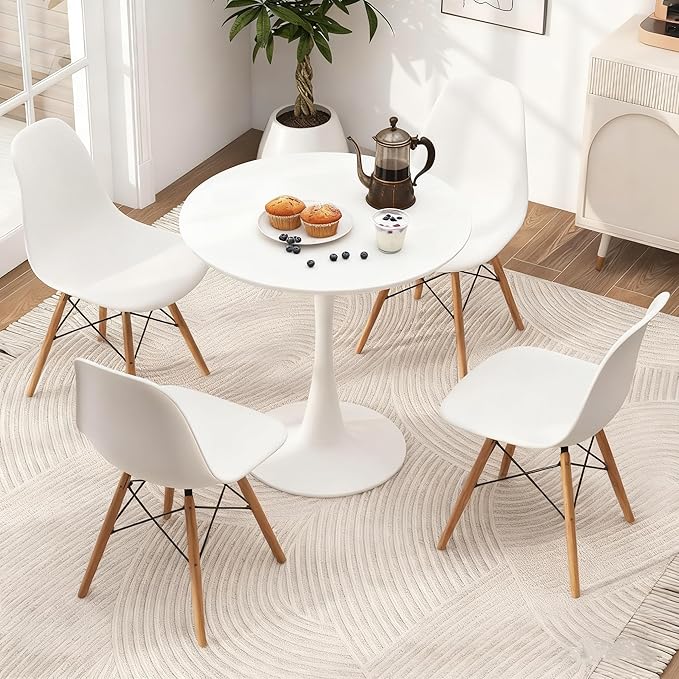 ERGOMASTER 5-Piece Round Dining Table Set for 4, Kitchen Table and Chairs, 32'' Tulip Table & Modern DSW Chair for Home, Small Spaces, Apartments, White
