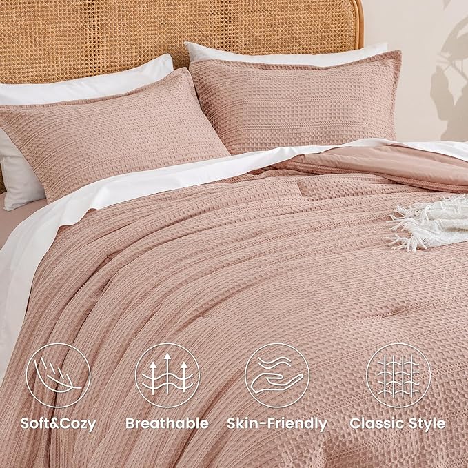 PHF Soft Waffle Comforter Set Twin Size- Comfy Breathable Waffle Weave Comforter with 1 Pillow Shams, 2 Pieces Less Snagging Lightweight Textured Bedding Set for All Season, Rose Pink