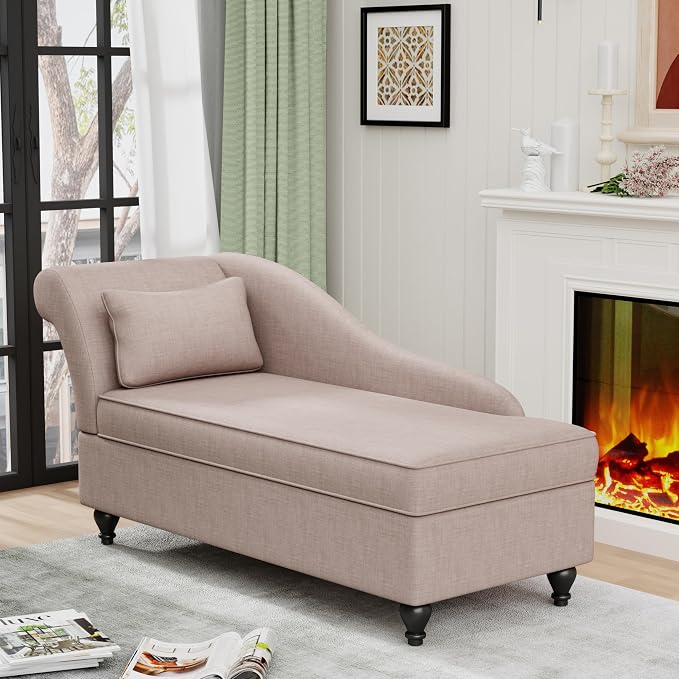 Storage Chaise Lounge Indoor Upholstered Sofa Recliner Lounge Chair for Bedroom Living Room Tan Fabric (Left Armrest)
