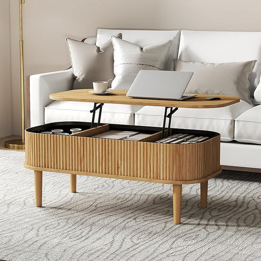Fluted Lift Top Coffee Table with Hidden Storage, Oval Coffee Table with Lifting Top, Mid Century Modern Design for Living Room, Office & Small Spaces(Natural)
