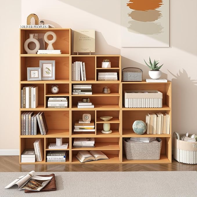 3 Cube Organizer Bookcase, Expandable Storage Shelves, Wooden Open Shelving Unit Book Shelf for Living Room, Office, Bedroom, Mid-Century Style Wood Furniture, Basswood Color (1 Set)