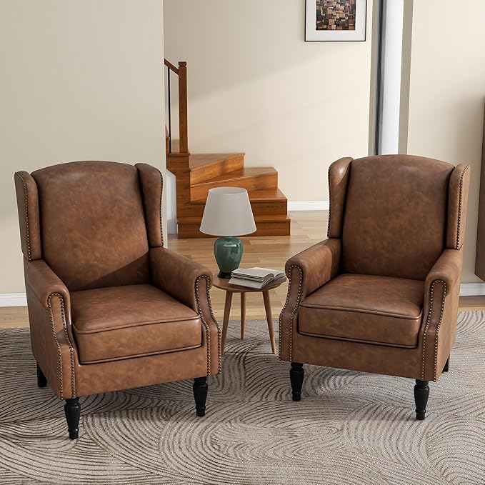 High Back Accent Chairs Set of 2, Faux Leather Upholstered Armchair Wingback Chair for Living Room, Comfy Single Sofa Solid Wood Legs Bedroom Reading Seat (Brown)