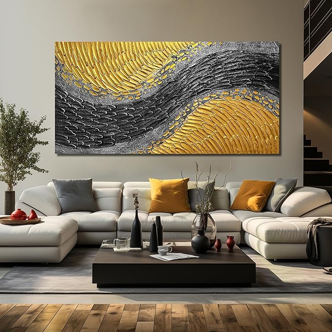 CPKATMT Large Abstract Canvas Wall Art For Living Room Black And Gold Painting Wall Decor For Office 3d Wall Art For Dining Room Size 40 x 80 Inch