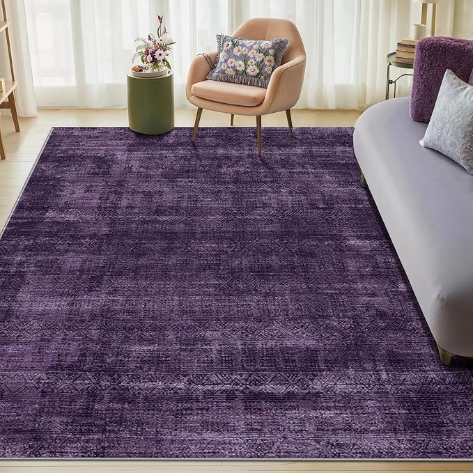 Kokia Abstract Area Rugs 8x10 Bedroom Soft Living Room Rugs Washable Distressed Vintage Comfy Carpet with Non-Slip Backing for Farmhouse Home Office Room Decor, Purple Rug, Oslo Dusty
