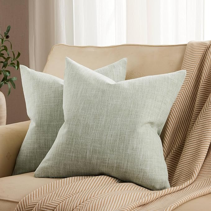 ZeeMart Rustic Cotton Linen Throw Pillow Covers Set of 2, 16x16 Inch Green, Farmhouse Style Decorative Couch Pillow Cases Sage Green Cushion Covers for Sofa Bed Living Room Home Decor