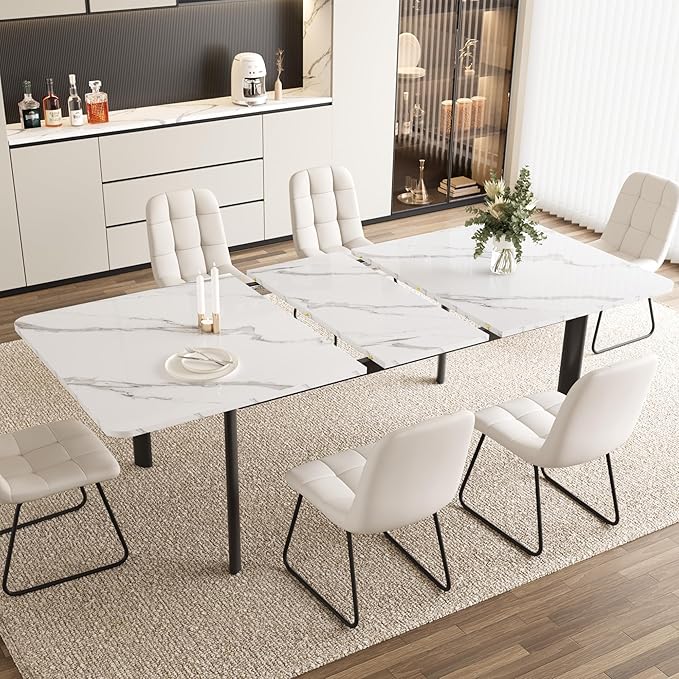 Extendable Dining Table Set for 6-8 People, 63 to 78.7 Inch MDF Kitchen Table with 6 Upholstered Chairs, Space-Saving for Dining Room, Breakfast Nook(White Table & 6 U-Shaped White Chairs)