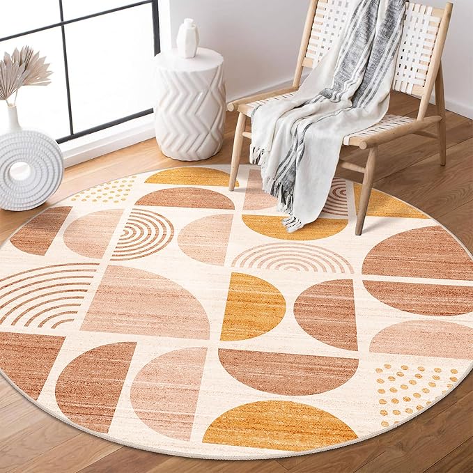MUJOO Round Rug 4ft,Small Circle Area Rug Washable,Circular Rugs for Entryway Bedroom Kitchen,Boho Non Slip Throw Floor Carpet Modern Abstract Bohemian Orange
