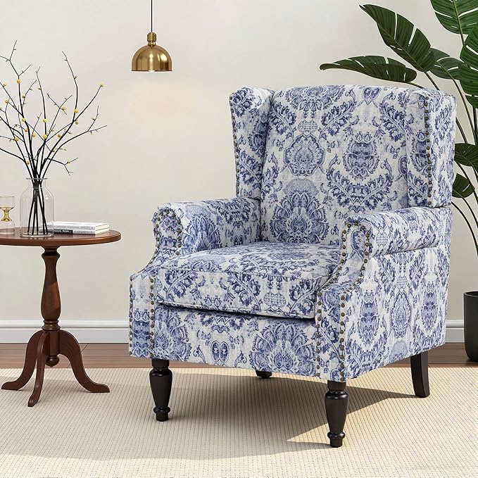 Wingback Chair, High Back Floral Accent Chair in Fabric, Comfy Upholstered Armchair with Nailhead Trim for Living Room, Single Sofa Reading Chair for Small Spaces, Bedroom-Navy