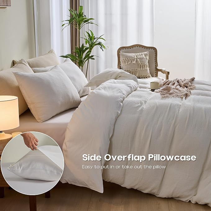 Simple&Opulence Linen Muslin Duvet Cover Set California King, 3Pcs White Linen Cotton 3-Layer Gauze Minimalist Comforter Cover 104”x98”, Ultra Soft Breathable Seersucker Bedding Set with 2 Pillowcases