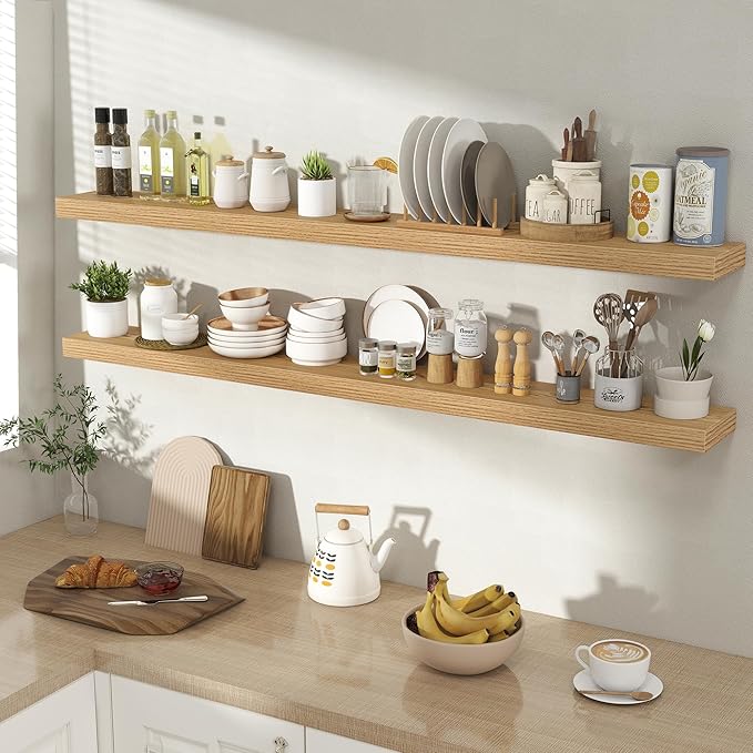 55 Inch Floating Shelves for Wall 2 Pack, 55" Wall Shelves for Books, Storage, Decor, Wall Mounted Floating Shelf with Invisible Brackets for Kitchen, Living Room, Light Brown