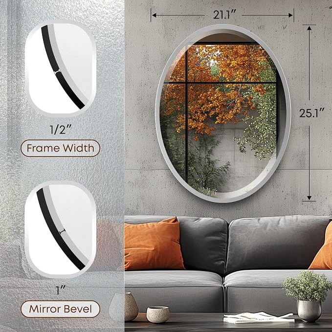 OVALCREST - Oval Wooden Beveled Wall Mirror for Home Decor, Bathroom, Vanity, Bedroom, Living Room, Hallway - London Style (Silver Spray) 25.1 x 21.1