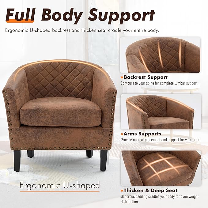 QQU Barrel Accent Chair, Retro PU Leather Club Chair with Nail-Heads, Upholstered Armchair for Living Room, Bedroom, Waiting, Office (Coffee)