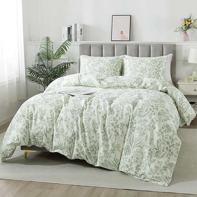 HoneiLife Cotton Duvet Cover Queen - Floral Comforter Cover 3-PC, Botanical Bedlinen Sets with Zipper Closure & Corner Ties, Wildflower Comforter Cover Sets