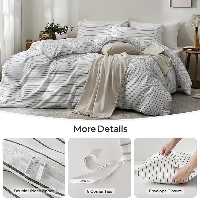 JELLYMONI Wide Striped Duvet Cover Set - Full Size Comforter Cover, Classic White & Gray Stripes, 100% Cotton 3 Pcs Bedding with Zipper Closure & 8 Corner Ties for Guest or Teen Room