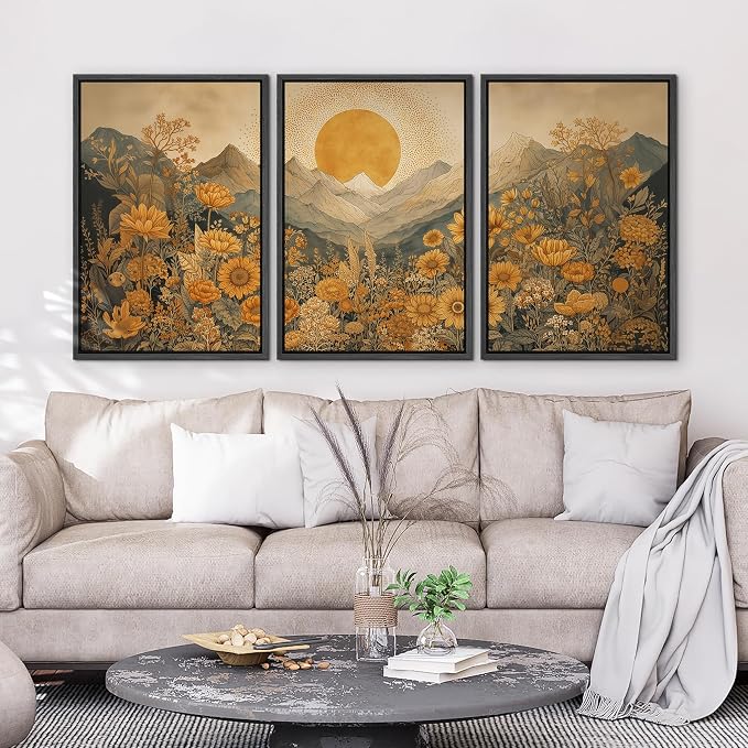 wall26 Framed Print Wall Art Set Boho Sunflower Mountain Vintage Yellow Floral and LandscapeDecorative Minimal Relax/Zen for Living Room, Bedroom, Office - 16"x24"x3 BLACK