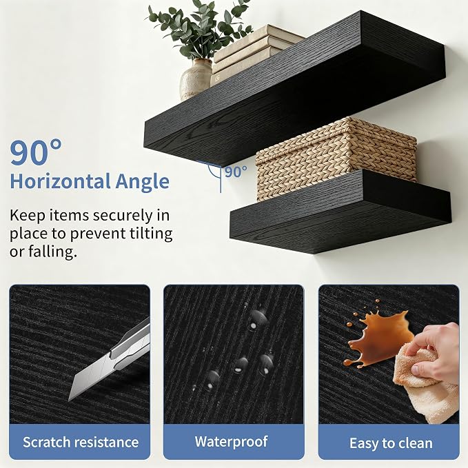 Floating Shelves for Wall, Bathroom Shelves Over Toilet, Wall Shelves & Book Shelf for Room, Hanging Shelf, Modern Wooden Wall-Mounted Small Floating Shelves, 12x7x1.5 in (Black, Set of 3)