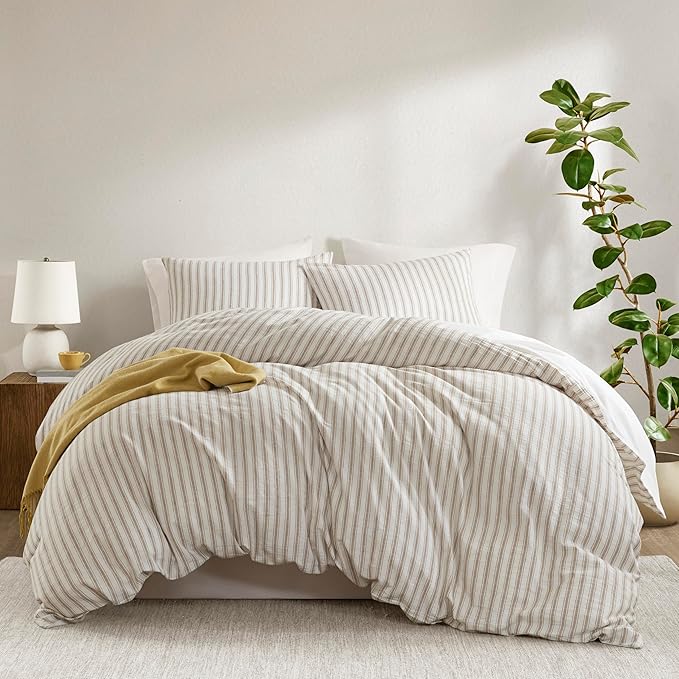 Madison Park Duvet Cover Set for Hot Sleepers - Linen Cotton Rayon Blend, Queen Size 3 Piece Set with Shams - Lightweight & Breathable Bedding, Tan Striped Design