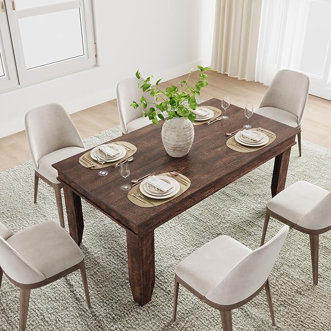 GarveeHome Farmhouse Dining Table for 4-6 People, 63 in Long Kitchen Tables with Wooden Sturdy Frame, 5 ft Large Rectangular Dinner Table for Dining Room, Kitchen, Dark Walnut, 63" Non-extendable
