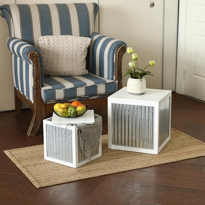 COLLECTIVE HOME - Wood Storage Ottoman, Rustic Stool, 2 Pack Cube Seat Foot Rest, Accent Side Table, Metal Bin for Living Room Furniture, 16"/12" (White, Corrugated Iron)