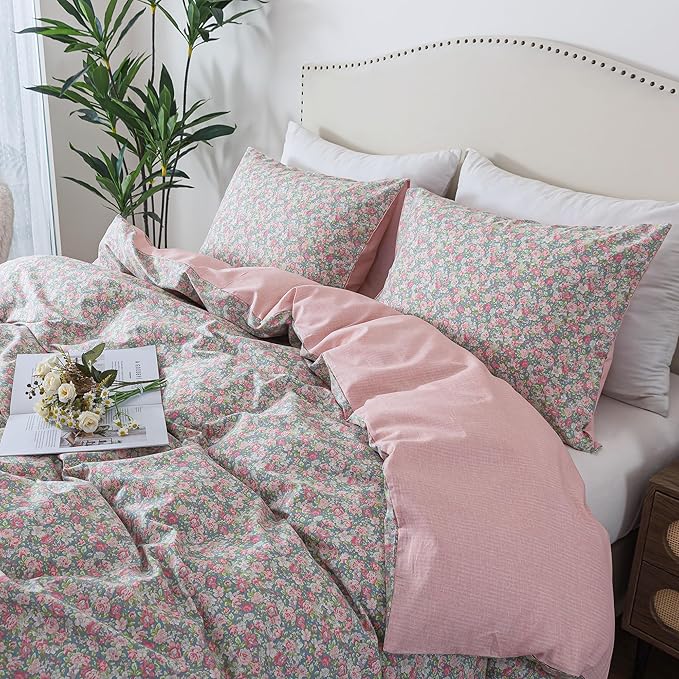 HoneiLife Floral Duvet Cover Queen - 100% Cotton Comforter Cover, Soft & Breathable Bedding Duvet Cover Sets with Zipper Closure & Corner Ties, 3-Piece Wildflower Comforter Cover Sets, Rose