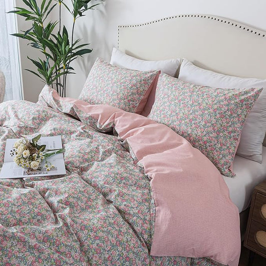HoneiLife Floral Duvet Cover Queen - 100% Cotton Comforter Cover, Soft & Breathable Bedding Duvet Cover Sets with Zipper Closure & Corner Ties, 3-Piece Wildflower Comforter Cover Sets, Rose