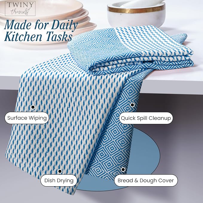 TWINY threads Kitchen Towel Diamond Weave, Premium Large Kitchen Linen Set, 100% Cotton Dish Rag, Absorbent Quick Drying Wash Rags for Drying Dishes, Reusable, Set of 4, 18x26 Inches, Turquiose