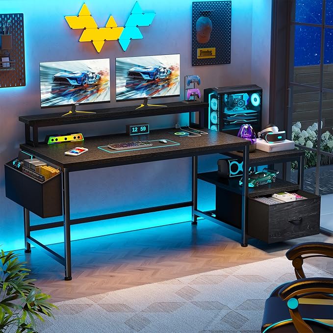 EnHomee 57" Computer Desk with Drawers and Printer Space,Office Desk with Power Outlets,Home Office Desks with File Drawers Cabinet,Study Writing and Gaming Desk with Shelves Monitor Stand,Black