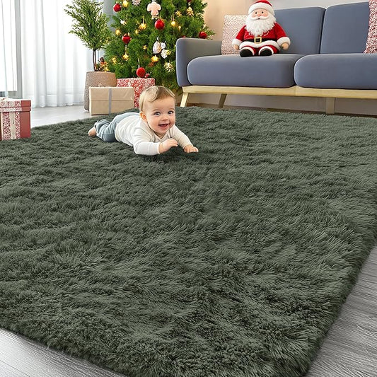 OLANLY 8x10 Machine Washable Large Area Rugs for Living Room, Bedroom, Soft Fluffy Shaggy Bedside Rug, Indoor Floor Carpet for Kids Girls and Boys, Dorms, Nursery, Home Decor Aesthetic, Olive Green