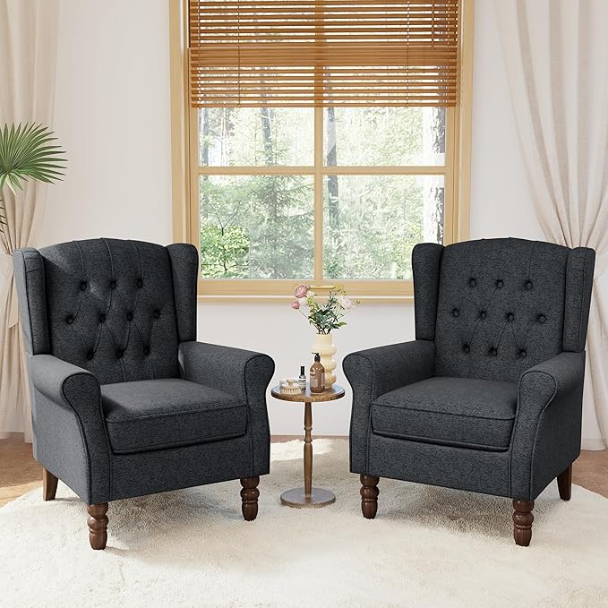 Accent Chairs Set of 2, High Back Upholstered Chair with Button Tufted, Mid-Century Modern Comfy Wingback Chair Reading Armchair in Fabric for Living Room for Bedroom, Office-Black Blue