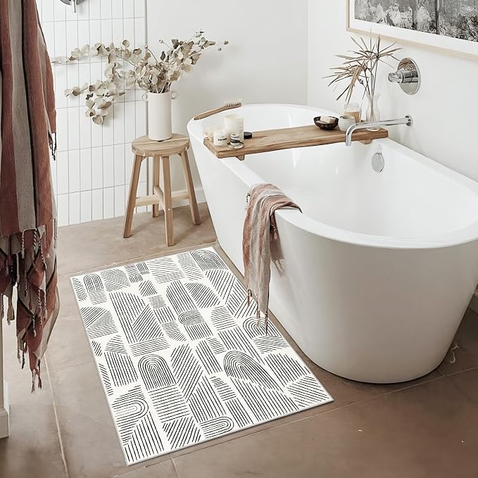 MUJOO 2x3 Washable Rug,Mid Century Modern Abstract Non Slip Low Pile Small Area Rug,White and Black Rug for Entryway Bathroom Kitchen Bedroom