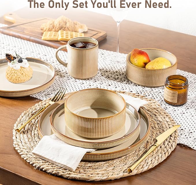 GBHOME 12-Piece Stoneware Dinnerware Set for 4 – Ribbed Ceramic Plates and Bowls, Scratch-Resistant, Microwave & Dishwasher Safe, Reactive Glaze, Barley Latte