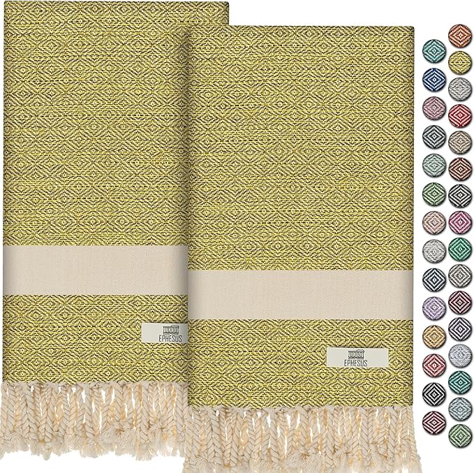 Hand Towels - Set of 2 | 18" x 30" - Decorative Turkish Hand Towel for Bathroom, Kitchen, Guest, Face, Hair, Tea, Dishcloth (Diamond, Yellow)