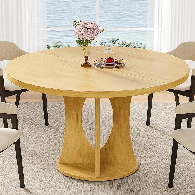 iPormis 47-Inch Round Dining Table for 4-6 People, Circle Dinner Table with Wooden Legs and A Stable Round Pedestal Base, Space Saving Wooden Kitchen and Dining Room Table, Oak (Table Only)