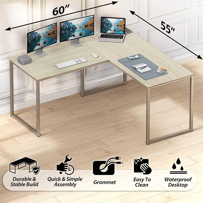 SHW Mission 55 x 60 Inches L-Shape Home Office Computer Desk, Maple