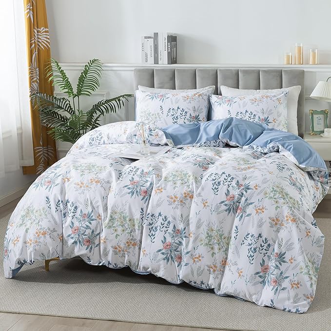 HoneiLife Floral Duvet Cover King - 100% Cotton Comforter Cover, Wildflower Bedlinen Set with Zipper Closure & Corner Ties, Botanical Comforter Cover Sets 3-pcs
