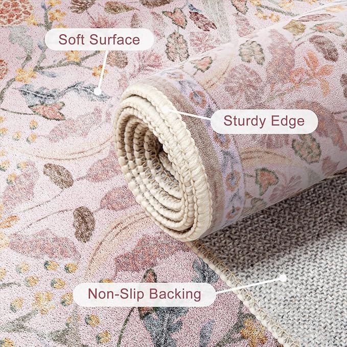 AMTOVO 2x3 Washable Entryway Area Rug Door Mat, Vintage Boho Floral Distressed Print Non-Slip Carpet, Small Throw Rug for Indoor Entrance Kitchen Bedroom Bathroom Laundry Floor, Pink