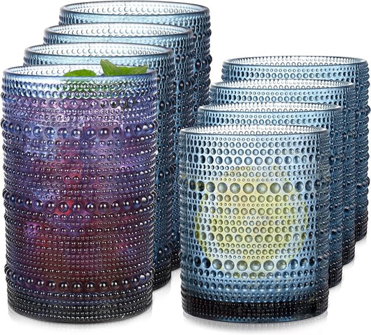 Blue Hobnail Drinking Glasses Set of 8, 15 oz Vintage Highball Glassess & 12 oz Cocktail Glasses, Drinkware Kitchen Glasses for Cocktail, Iced Coffee, Beer, Ice Tea, Wine, Whiskey, Water