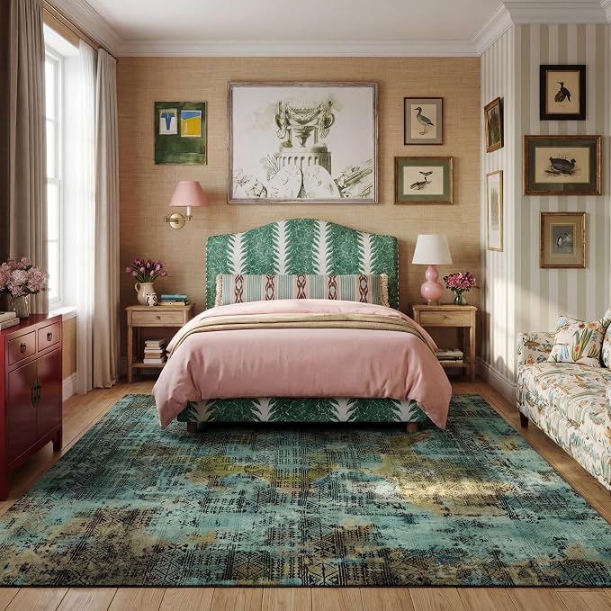 Kokia Abstract 9x12 Area Rugs Living Room Washable Dark Green Low Pile Non-Slip Indoor Decor Carpet Foldable Stain Resistant Ombre Rugs Bedroom Dining Room, Oslo Moss