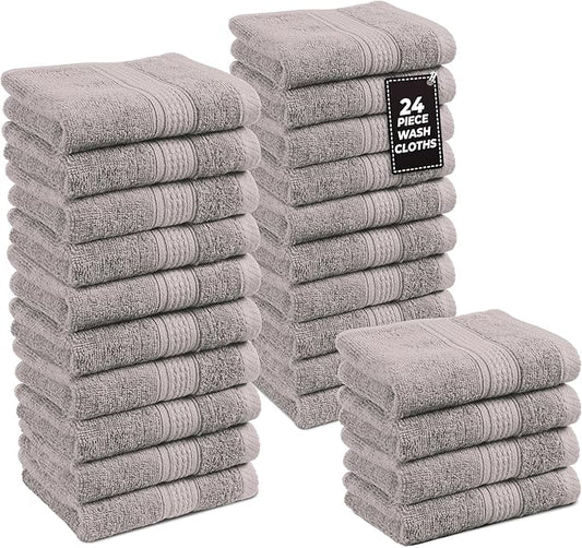 LANE LINEN 100% Cotton Wash Cloths - 24 Pcs - Spa & Salon Quality - Ring Spun Cotton Face Cloths - Soft & Absorbent Washcloths for Body, Beauty, Home, Gym - Fingertip Towels Set - 13"x13", Platinum