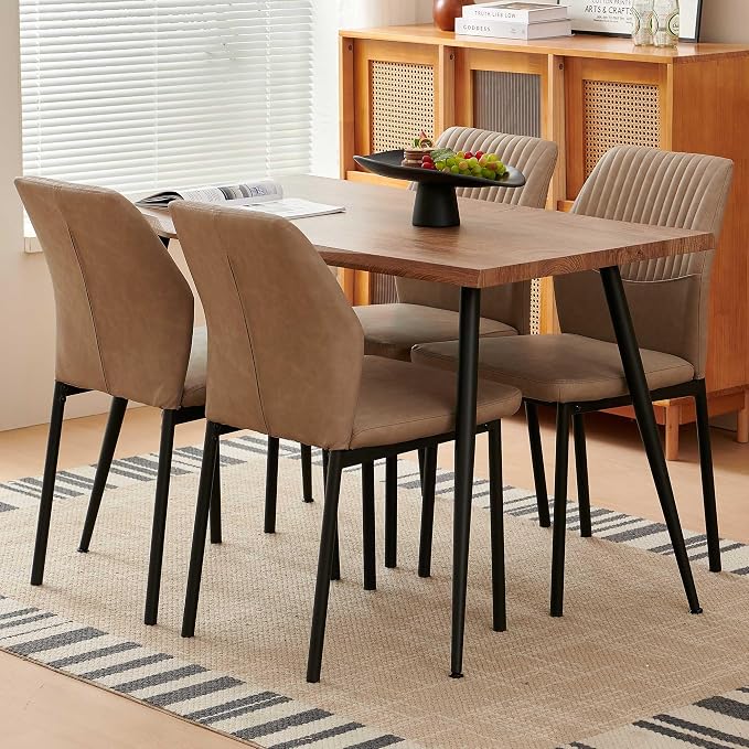 Dining Table Set for 4, Modern Wood Irregular Rectangle Dining Table,Leather Dining Chairs 4,Table and Chairs Set of 4 for Kitchen Dining Room, Beige