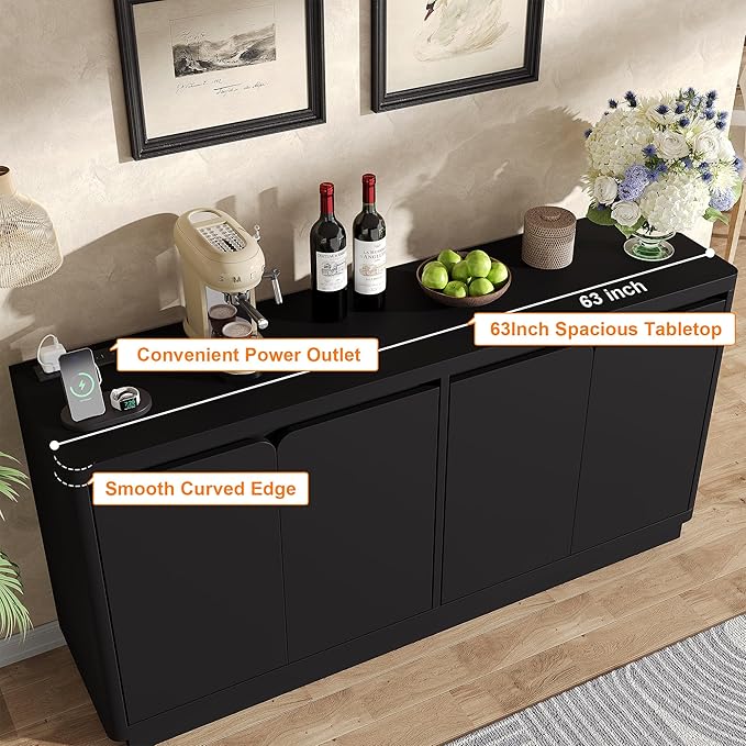 Buffet Cabinet with Storage, Outlet & Adjustable Shelves, Sideboard Cabinet with Double-Arc Doors, Classic Modern Wood Console Table & Credenza for Dining Room & Entryway