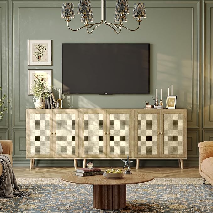Huuger Buffet Cabinets with Storage, Set of 2, Storage Cabinets with Synthetic Rattan Doors, Accent Cabinet with Solid Wood Feet, Sideboard Cabinet for Hallway, Entry, Living Room, Natural