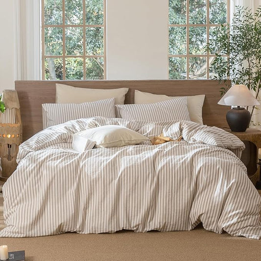 MooMee Striped Duvet Cover Set 100% Washed Cotton Linen Like Textured Breathable Durable Soft Comfy (Tannish Linen Grey White Classic Stripes, Super Queen 90"x98")