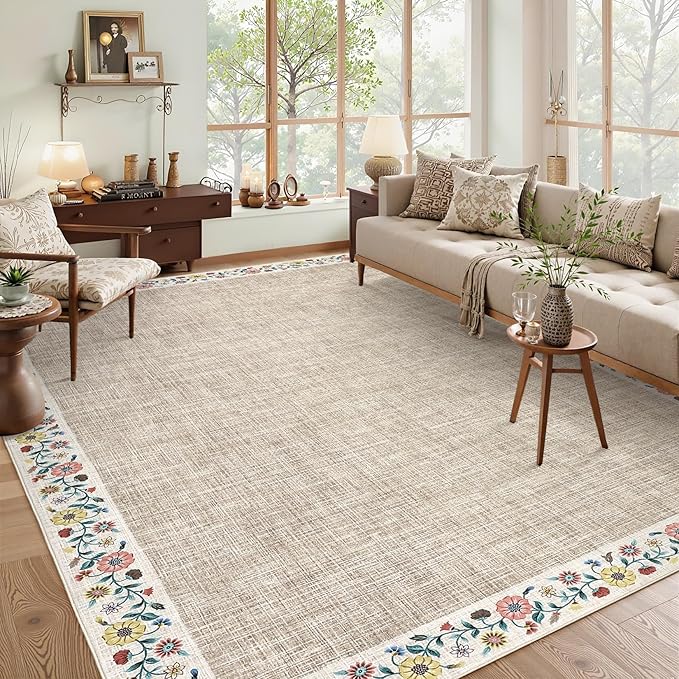 GarveeHome 10x13 Machine Washable Rugs for Living Room Large Area Rug Modern Floral Indoor Accent Carpet Low Pile Carpet Soft Throw Aesthetic Floor Cover for Bedroom Laundry Dining Room, Light Camel