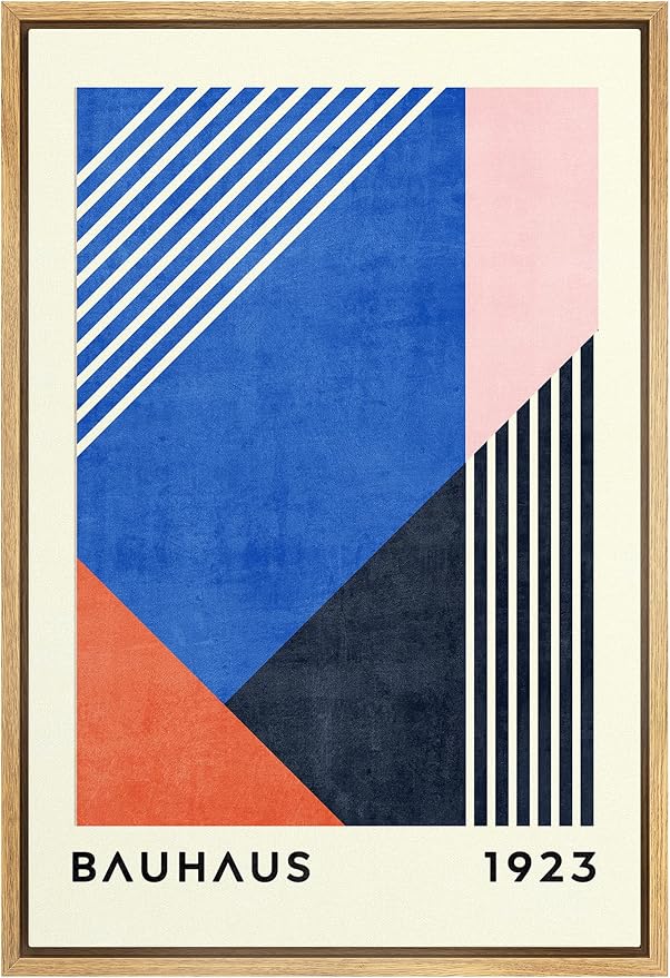 MUDECOR Framed Canvas Print Wall Art Blue Pink Orange Geometric Bauhaus Collage Abstract Shapes Illustrations Fine Art Mid-Century Modern Multicolor for Living Room, Bedroom, Office - 24"x36" Natural